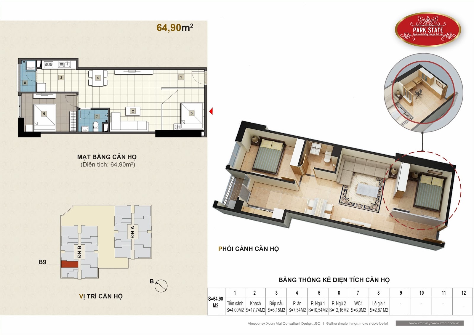 Thiết kế mặt bằng chi tiết căn hộ số 9 tòa B 64 , 9 m2